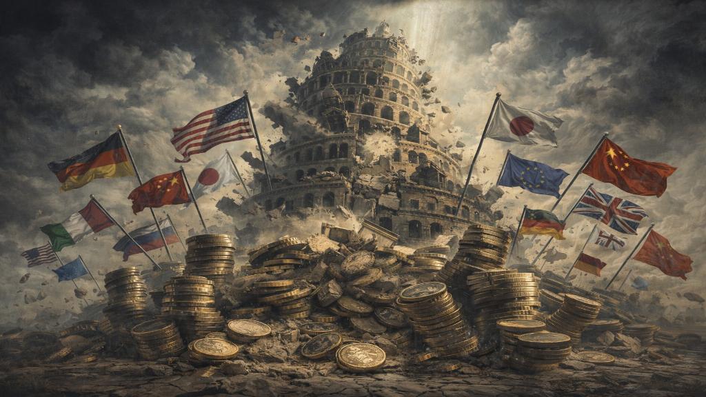 Représentation abstraite d'une tour de Babel moderne s'effritant sous des piles de pièces impayées, avec des drapeaux internationaux en fond.