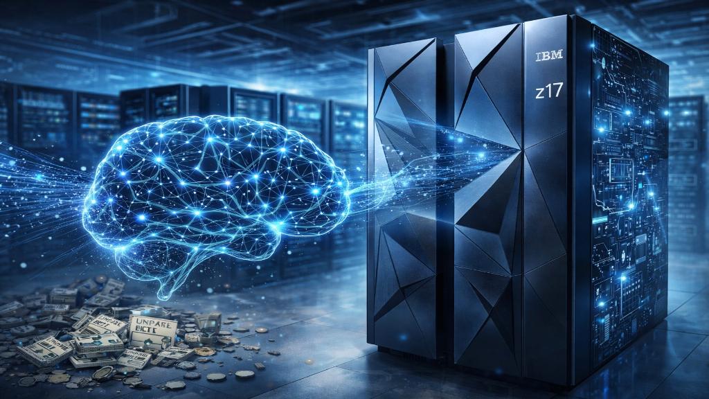 Illustration d'un mainframe IBM z17 avec éléments d'IA