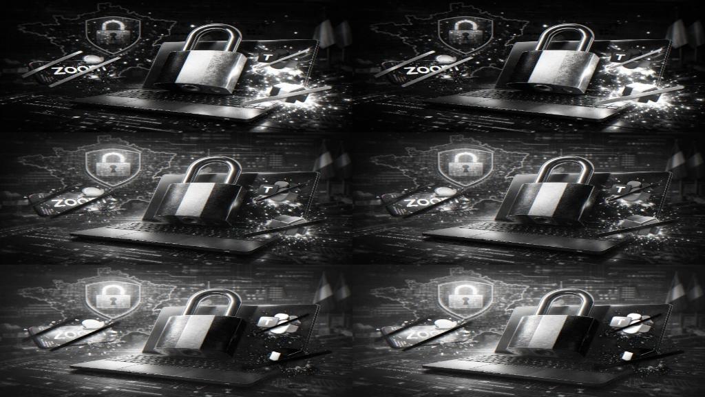 Cadenas numérique aux couleurs françaises verrouillant un ordinateur, logos Zoom et Teams barrés en arrière-plan.