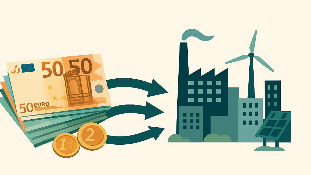 Symbolisation d’épargne et d’investissements en Europe, billets euros et flèches vers des bâtiments d’entreprises