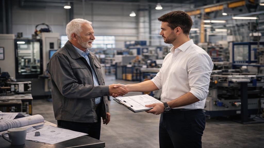 Transmission d une PME industrielle entre un dirigeant senior et un repreneur dans un atelier moderne