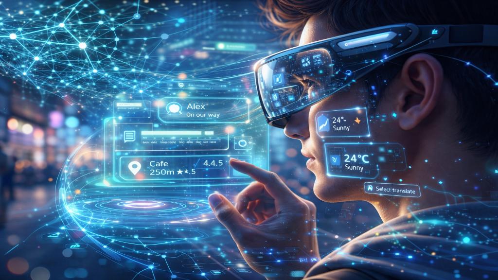 Lunettes intelligentes avec interface IA affichant des éléments contextuels dans le champ de vision