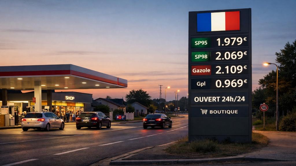 Station-service française dans un climat de tension énergétique avec circulation modérée et affichage de prix élevés