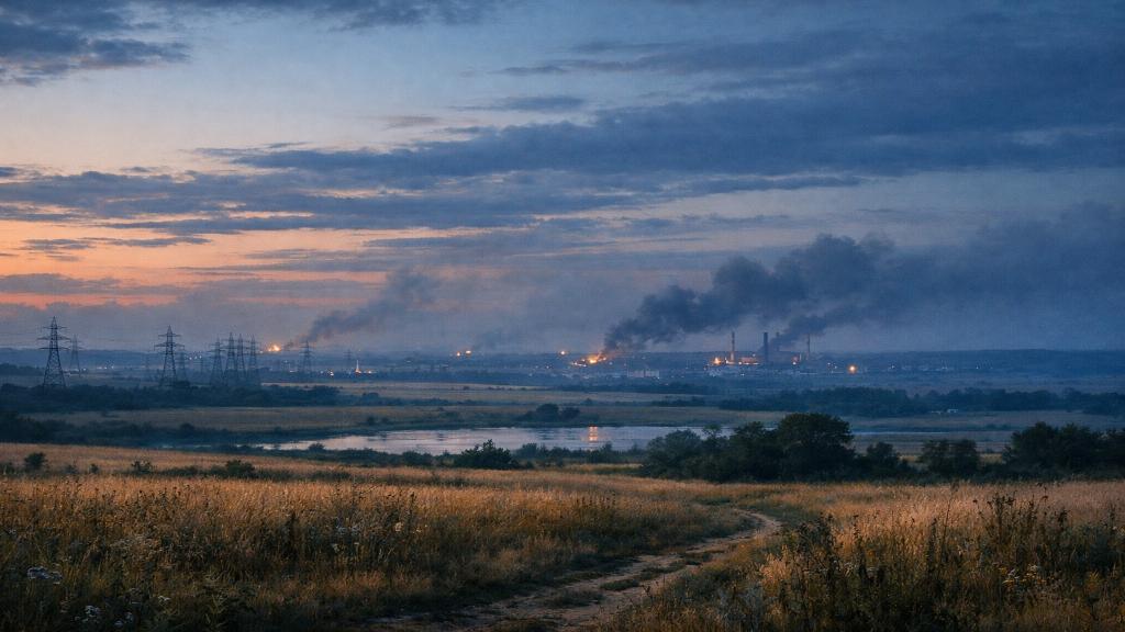 Illustration de la guerre en Ukraine avec des infrastructures et un ciel nocturne éclairé