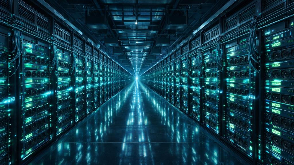 Salle de serveurs avec racks de GPUs Nvidia illuminés, symbolisant la course à la puissance de calcul IA