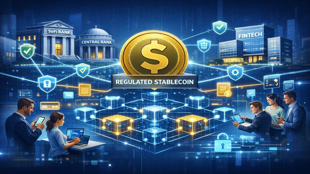 Illustration conceptuelle d’un réseau de paiements interconnectés via une stablecoin régulée sur blockchain publique