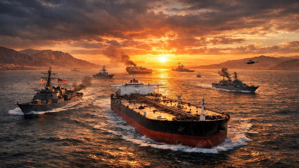Navires militaires escortant des pétroliers dans le détroit d'Ormuz au milieu de tensions géopolitiques internationales