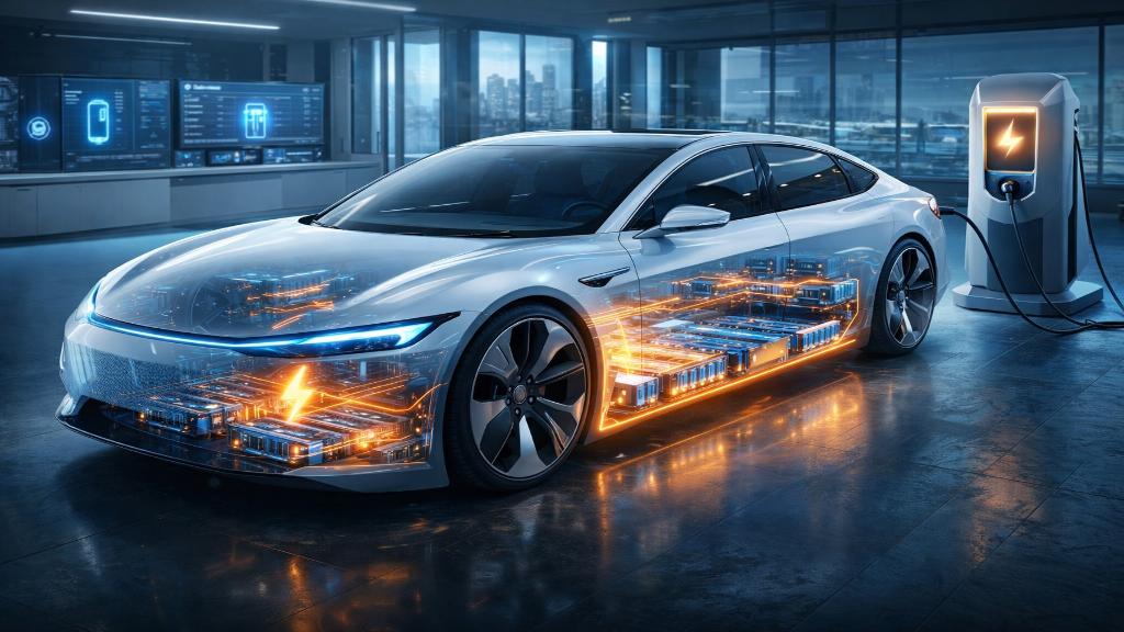 Illustration batterie solide futuriste dans vehicule electrique