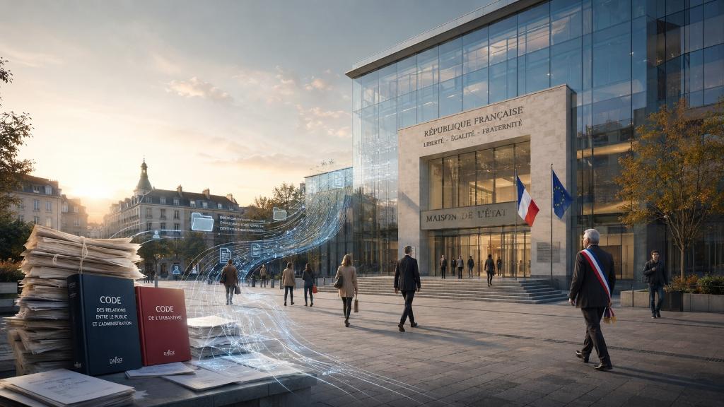 Bâtiment administratif français, dossiers juridiques et flux numériques montrant l’accumulation des normes et la recherche de simplification.