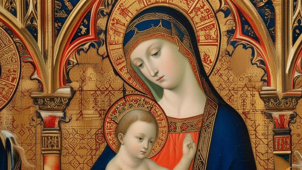 Peinture figurative restaurée du Triptyque de Moulins montrant la Vierge entourée de figures élégantes dans un cadre architectural gothique, avec couleurs vives et détails fins.