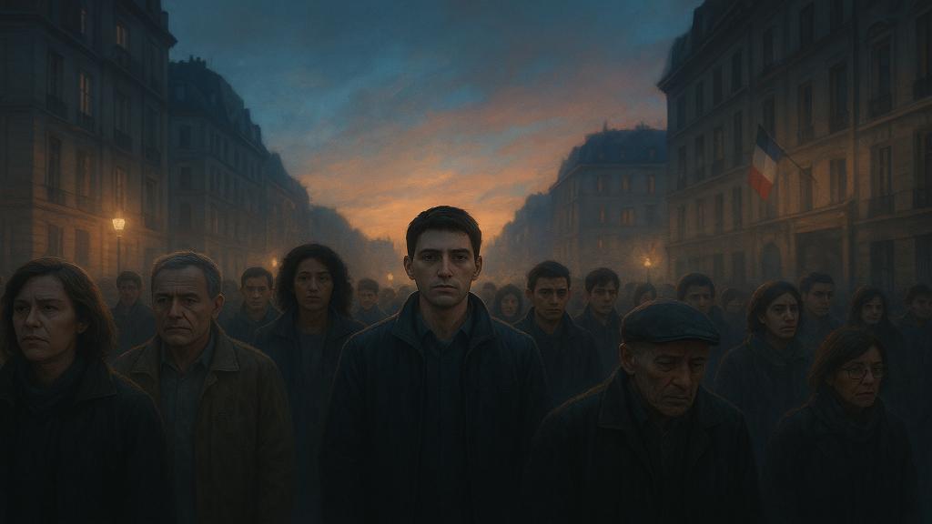 Illustration éditoriale – foule française avec ambiance sociale morose, visage mixte montrant inquiétude et lassitude