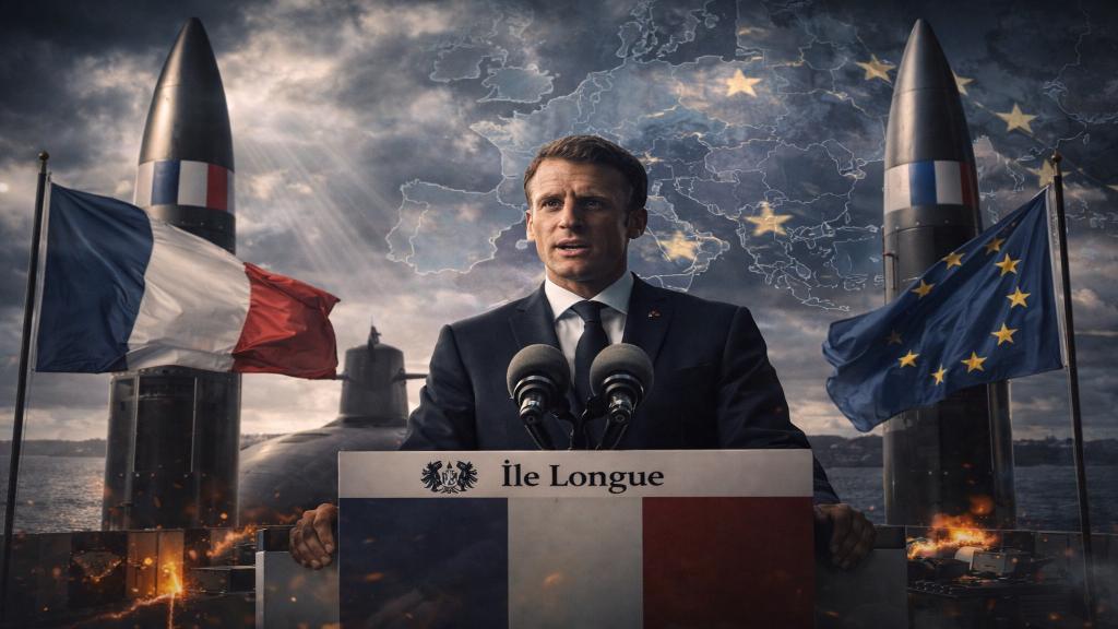 Image éditoriale du président Macron annonçant la politique nucléaire avec drapeaux européens en arrière-plan.