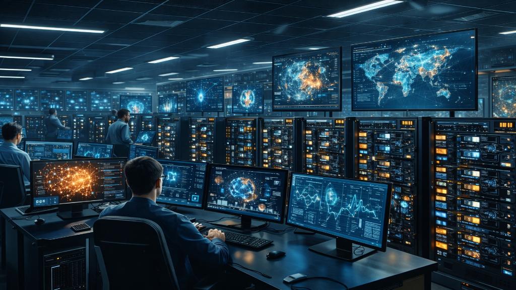 Illustration d une puce IA et de racks de serveurs dans un centre de données moderne utilisé pour entraîner des modèles d intelligence artificielle