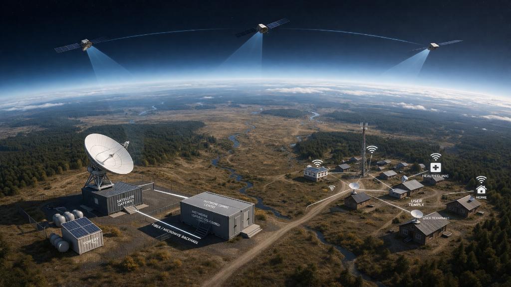 Constellation de satellites basse orbite reliant des stations terrestres sur un territoire étendu