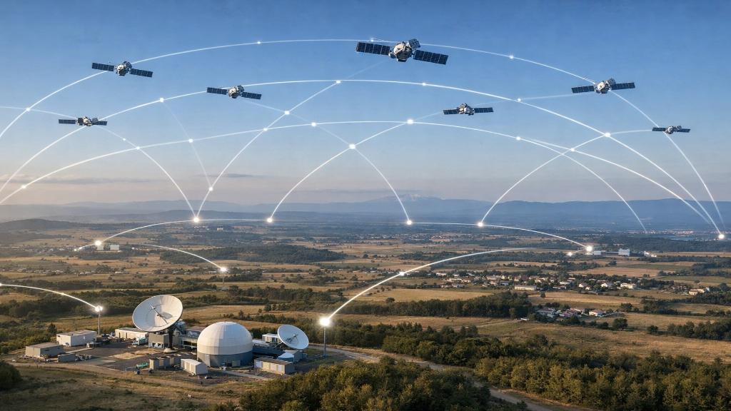 Constellation de satellites en orbite basse illustrant la concurrence mondiale pour l'internet souverain.