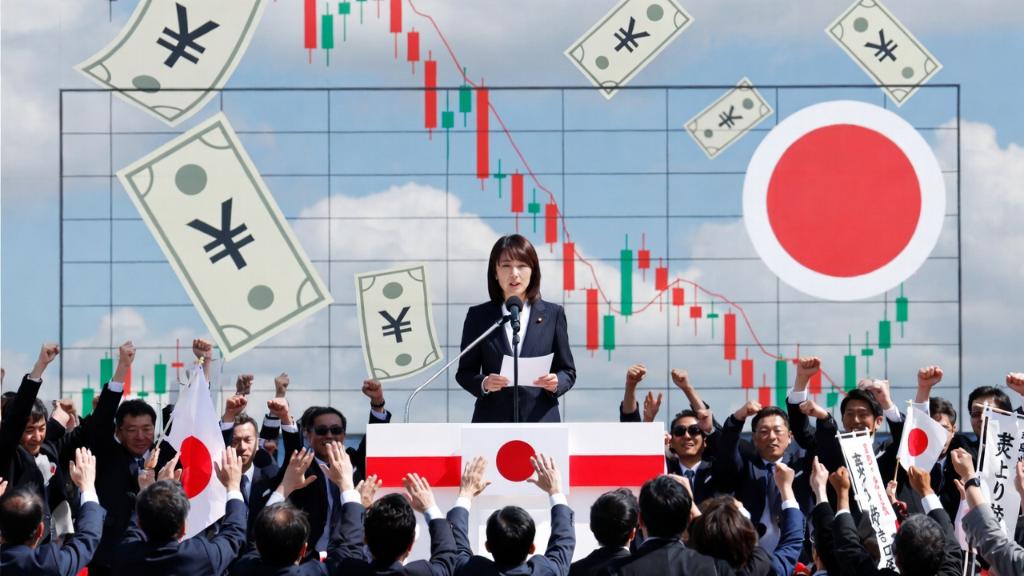 Scène éditoriale d'une victoire électorale de Sanae Takaichi au Japon, symbolisant stimulus économique et impacts mondiaux