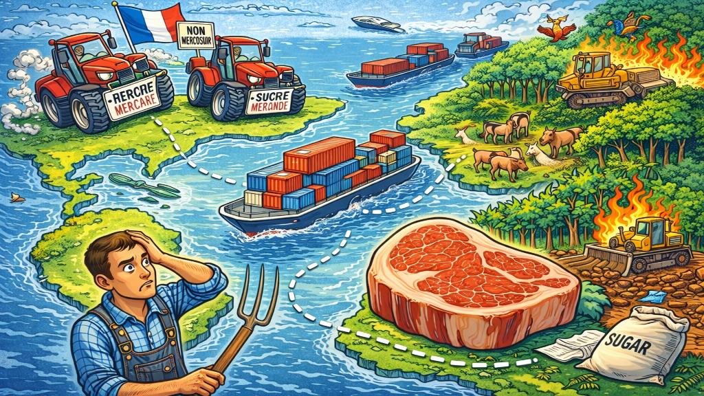 Carte stylisée reliant l’Europe et l’Amérique du Sud avec tracteurs et produits agricoles
