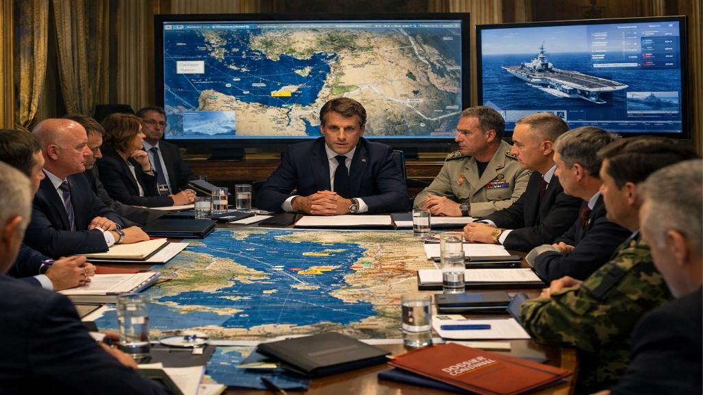 Illustration éditoriale d'un Conseil de défense à l'Élysée avec Emmanuel Macron, cartes de la Méditerranée orientale, écrans de suivi naval et atmosphère de crise stratégique liée au Moyen-Orient