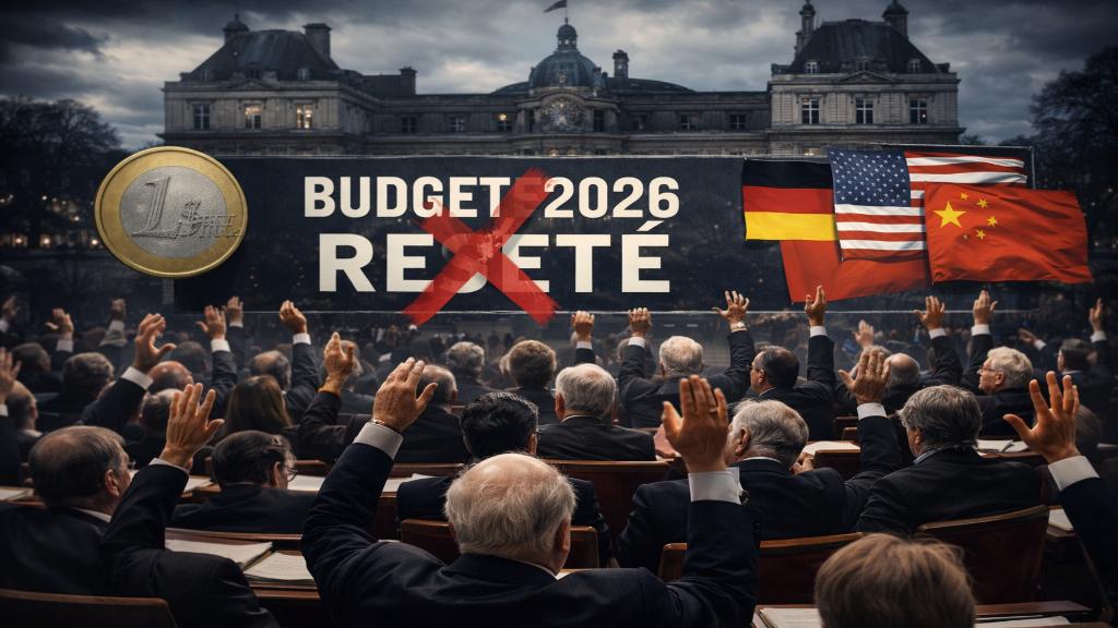 Scène animée au Sénat français lors du rejet du budget 2026, avec sénateurs votant et éléments internationaux comme drapeaux européens et globaux.