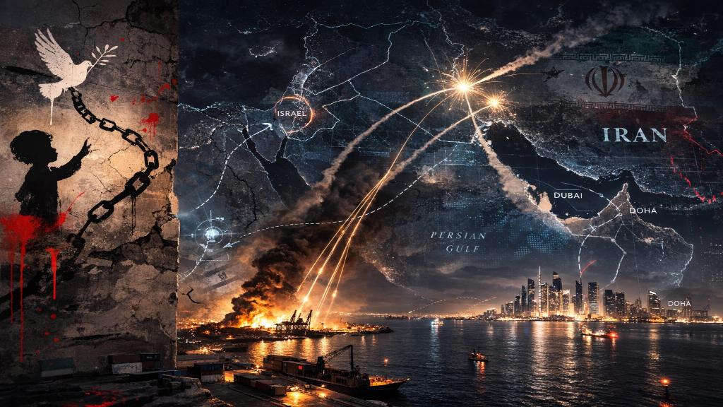 Scène dramatique de missiles iraniens traversant le ciel nocturne au-dessus du Golfe Persique et de Dubaï, avec interceptions lumineuses et fumées portuaires dans un style éditorial contemporain aux contrastes marqués