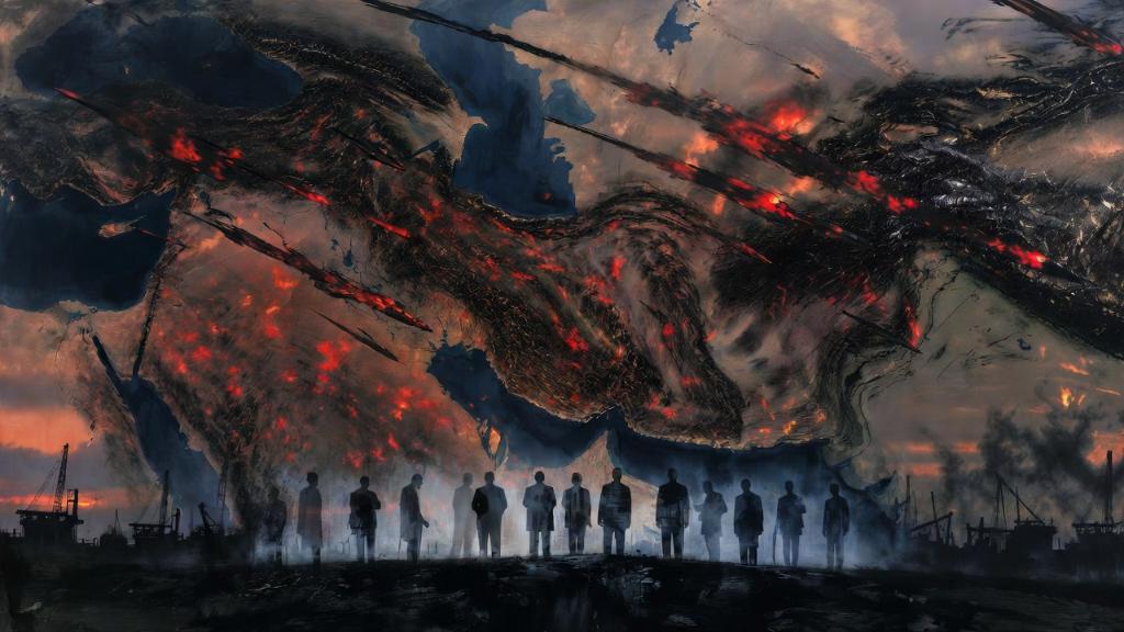 Image éditoriale paysagère illustrant la mort dramatique du Guide suprême iranien dans un style peinture contemporaine avec explosions abstraites et tensions géopolitiques sur fond de Moyen-Orient