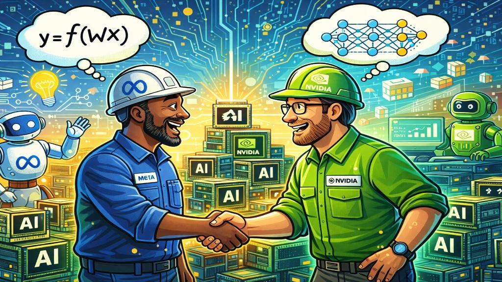 Illustration d'un centre de données IA avec des puces Nvidia et des serveurs Meta interconnectés