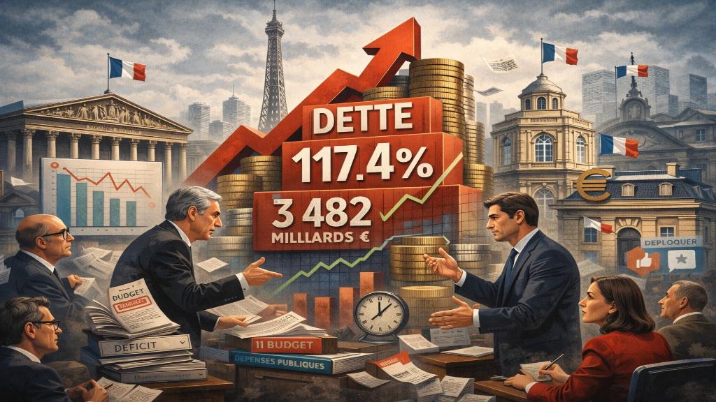 illustration éditoriale des facteurs politiques et économiques contribuant à la dette publique française, avec politiciens, graphiques budgétaires et symboles institutionnels