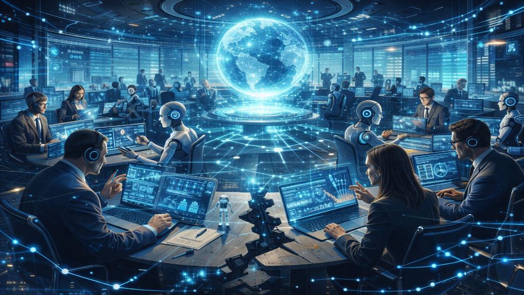Vue artistique d’une plateforme IA innovante connectant humains et agents numériques dans un espace futuriste