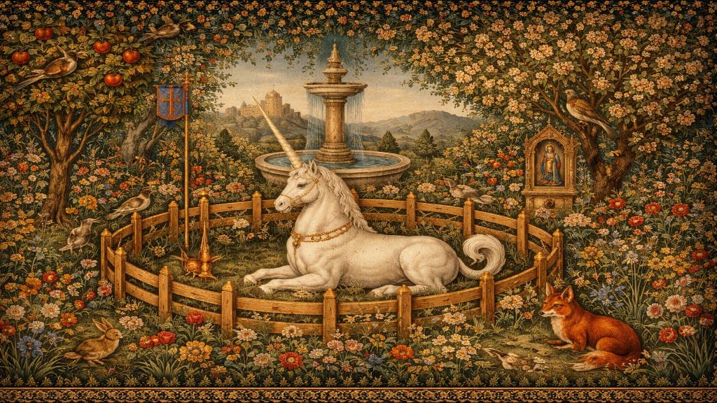Tapisserie médiévale représentant une licorne dans un décor symbolique riche
