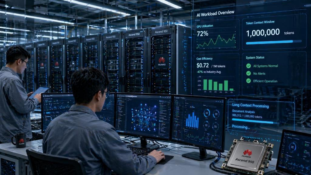 Centre de données avec serveurs Huawei Ascend et ingénieurs analysant DeepSeek V4 dans un environnement industriel sobre