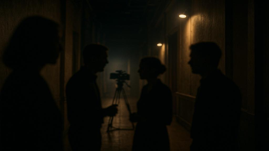Photo backstage montrant une silhouette féminine en conversation dans les coulisses d