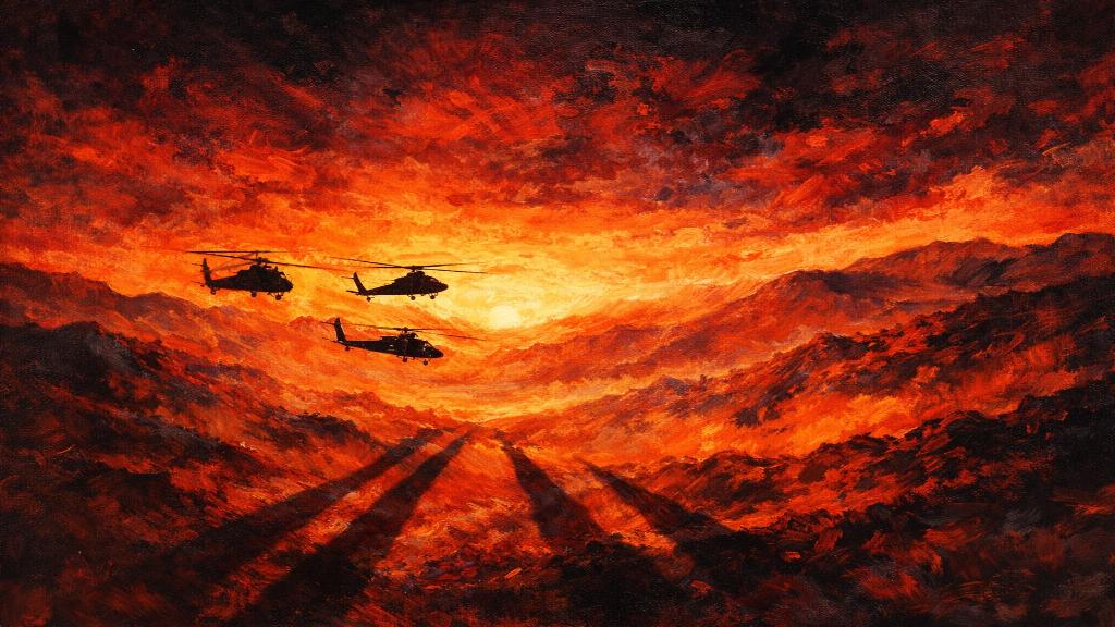 Paysage montagneux de Tapalpa au lever du soleil, avec hélicoptères militaires et teintes dramatiques évoquant chaos et violence, en style peinture contemporaine.