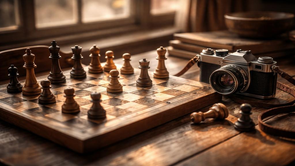 Échiquier ancien avec pièces en bois et appareil photo argentique posé dessus, lumière douce du soir, ambiance réfléchie et stratégique