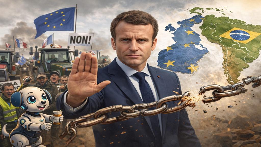 Image éditoriale montrant Emmanuel Macron face à des cartes du Mercosur et de l'Europe, symbolisant le rejet français.