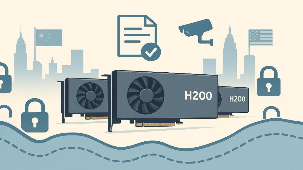 Schéma conceptuel montrant des GPU H200 traversant une frontière commerciale encadrée par des icônes de sécurité et des billets.
