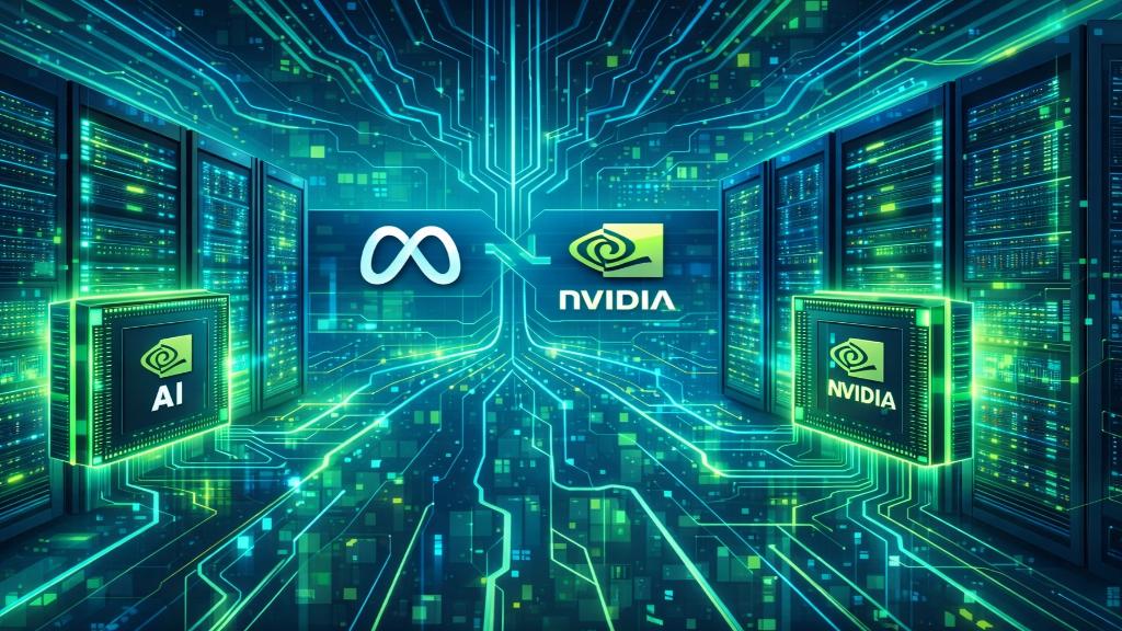 Centre de données futuriste avec des puces Nvidia et logos Meta, symbolisant le partenariat IA