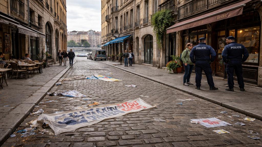Rue de Lyon avec traces de manifestation récente et présence policière